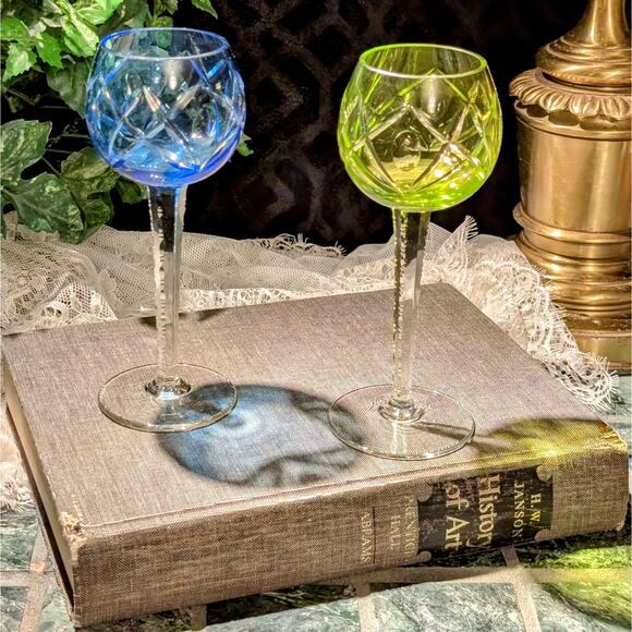 Blue & Green Vintage Bohemian Crystal Cut to Clear Unique Stem Wine Glass Pair - Picture 3 of 8